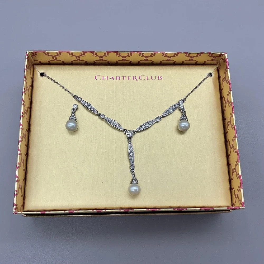 Charter Club Necklace Earrings Set Silver Tone Rhinestone Pearl Boxed Jewelry‎